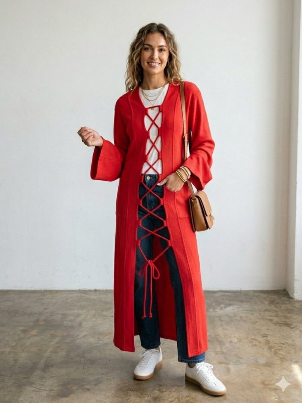 Free People Free-Est Maude Cardigan Red Lace Up Maxi Duster M NWT